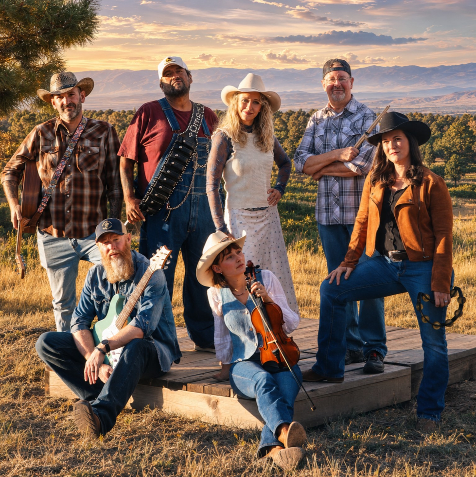 The seven members of Becky's Boys posed outdoors in Western Colorado
