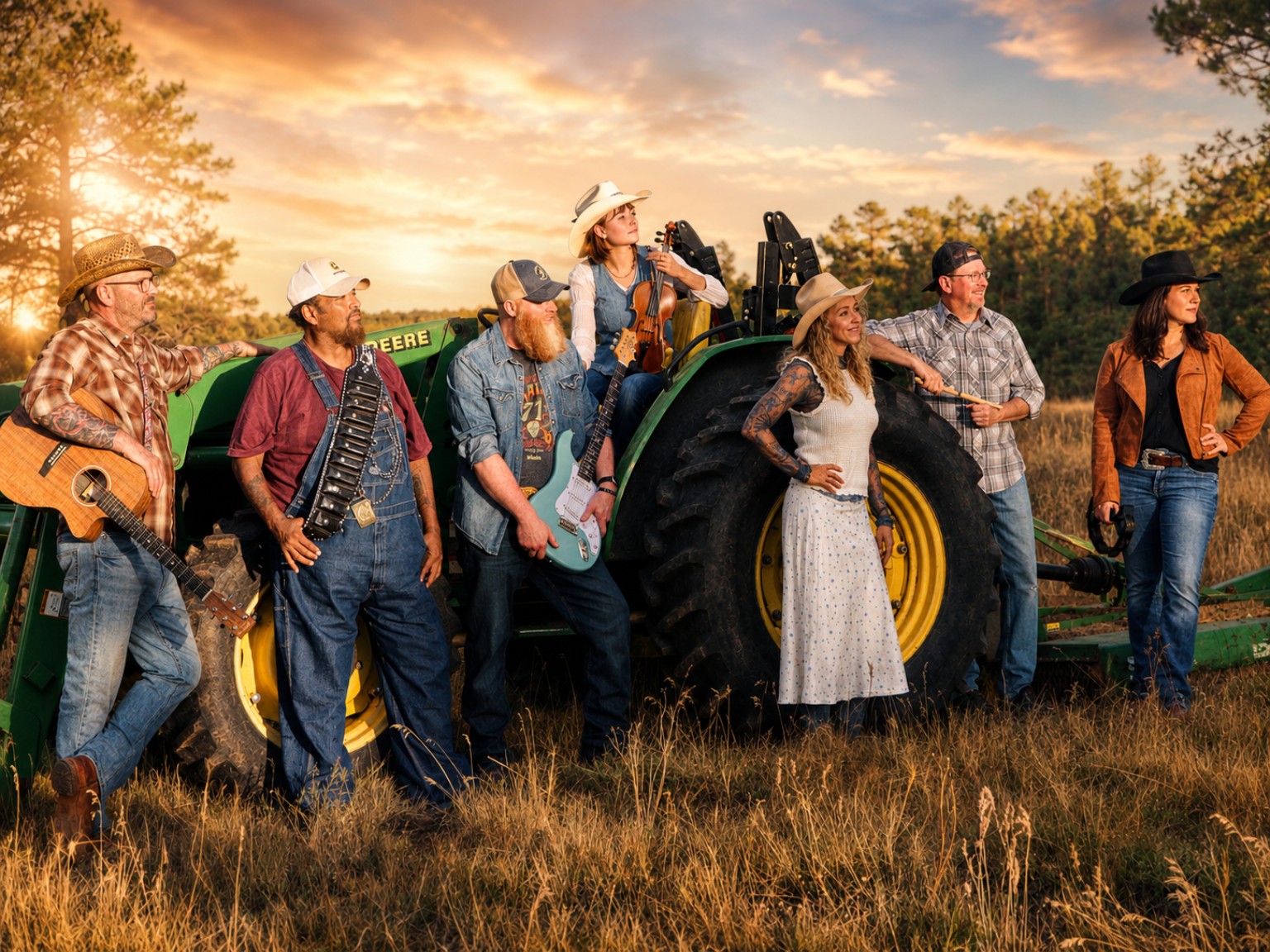 Becky's Boys gathered with their instruments around a tractor at sunset